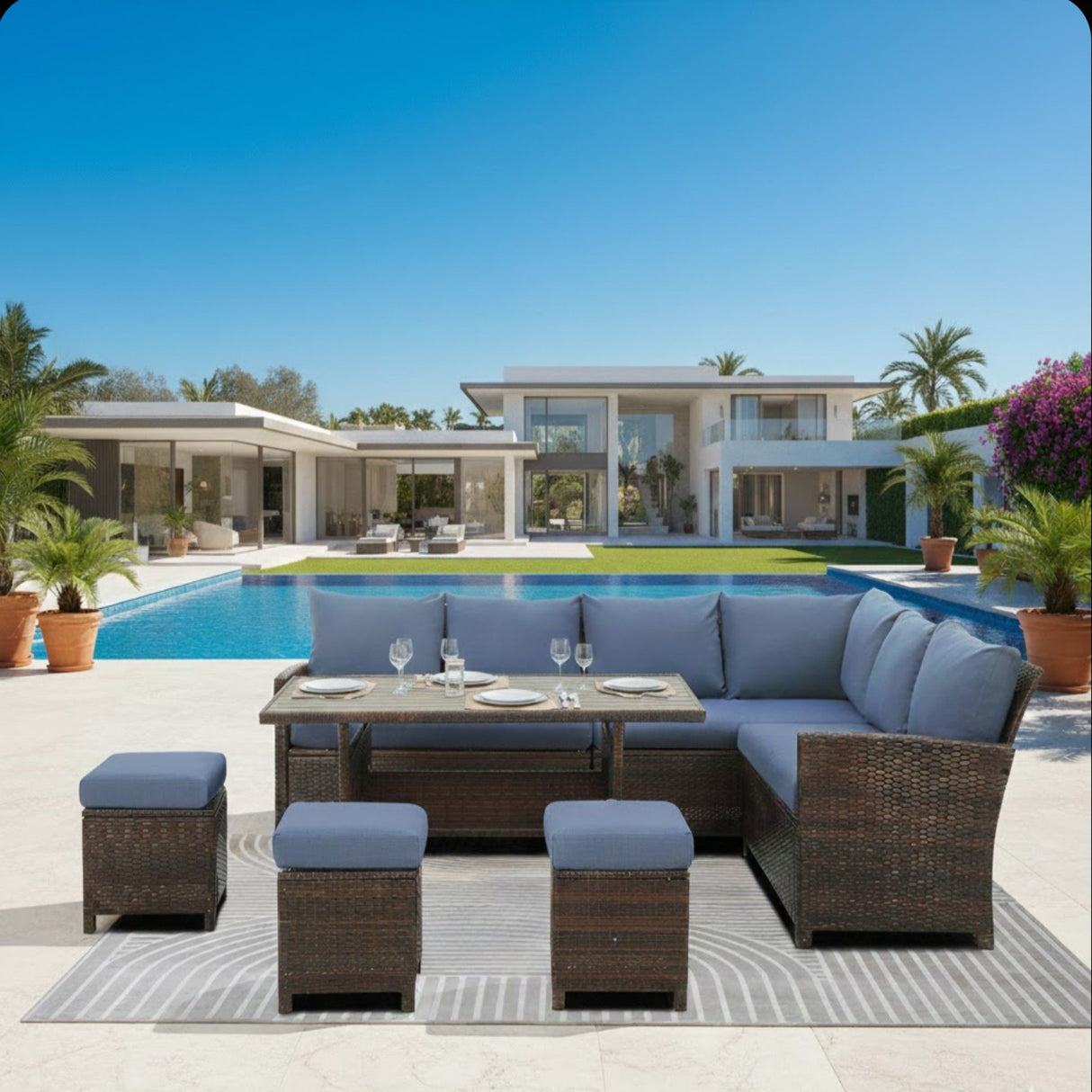 7 Piece Patio Dining Set With Cushions, Modular Sectional Sofa & Storage Table