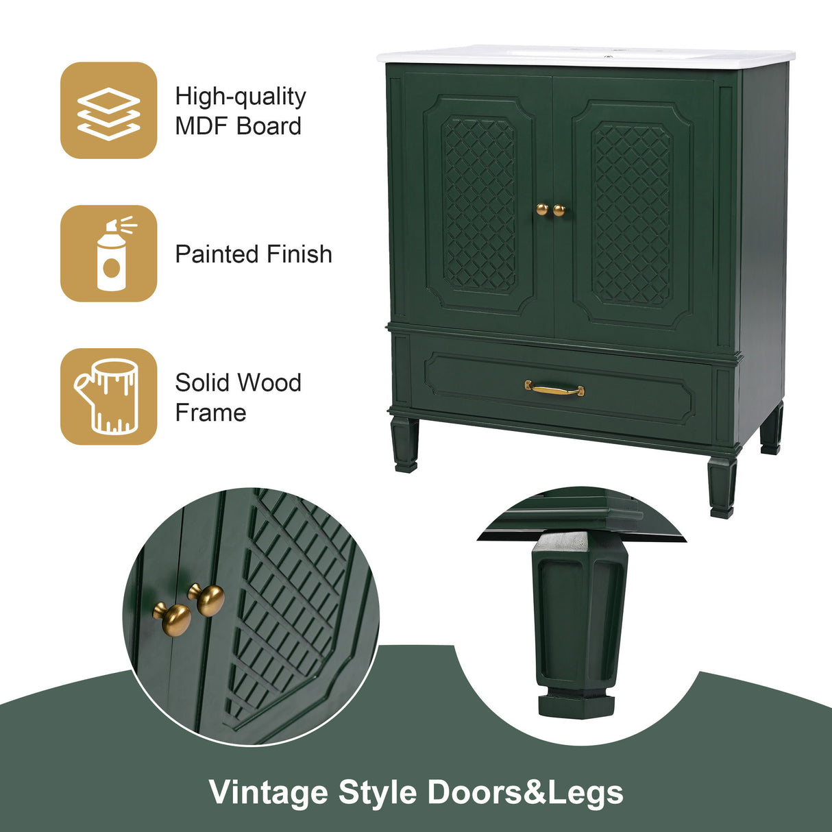 30" Bathroom Vanity With Sink, Soft Closing Door, Multi Functional Storage - Green