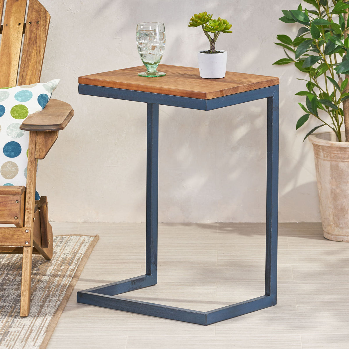 Large C Shaped End Table With Iron Base And Fir Wood Top - Black