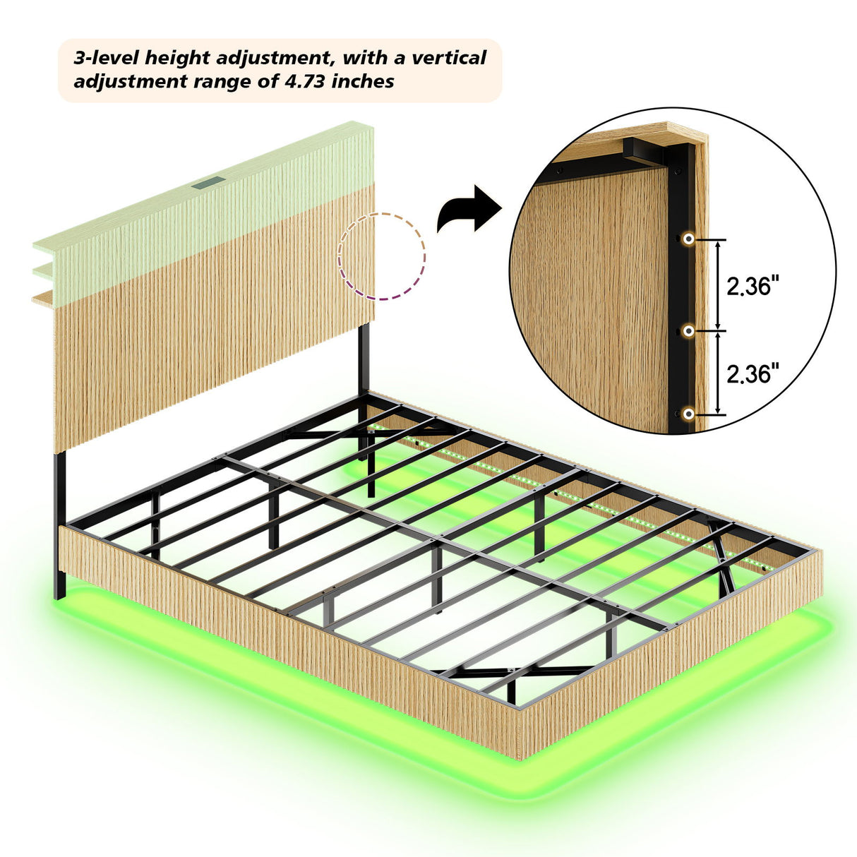 Floating Bedstead With Charging Station And LED Lights