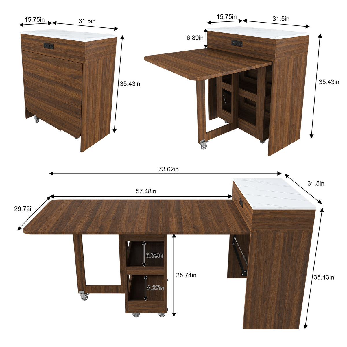 Extendable Dining Table With Power Socket, Lockable Casters, Storage Cabinet, Pull Out Kitchen Island - Natural Walnut