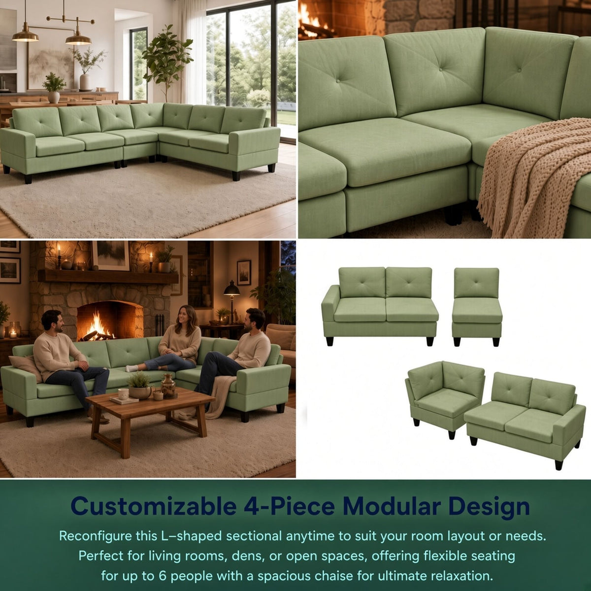 Modular L - Shaped Sectional Sofa 6 Seater 4 Piece Couch With Chaise