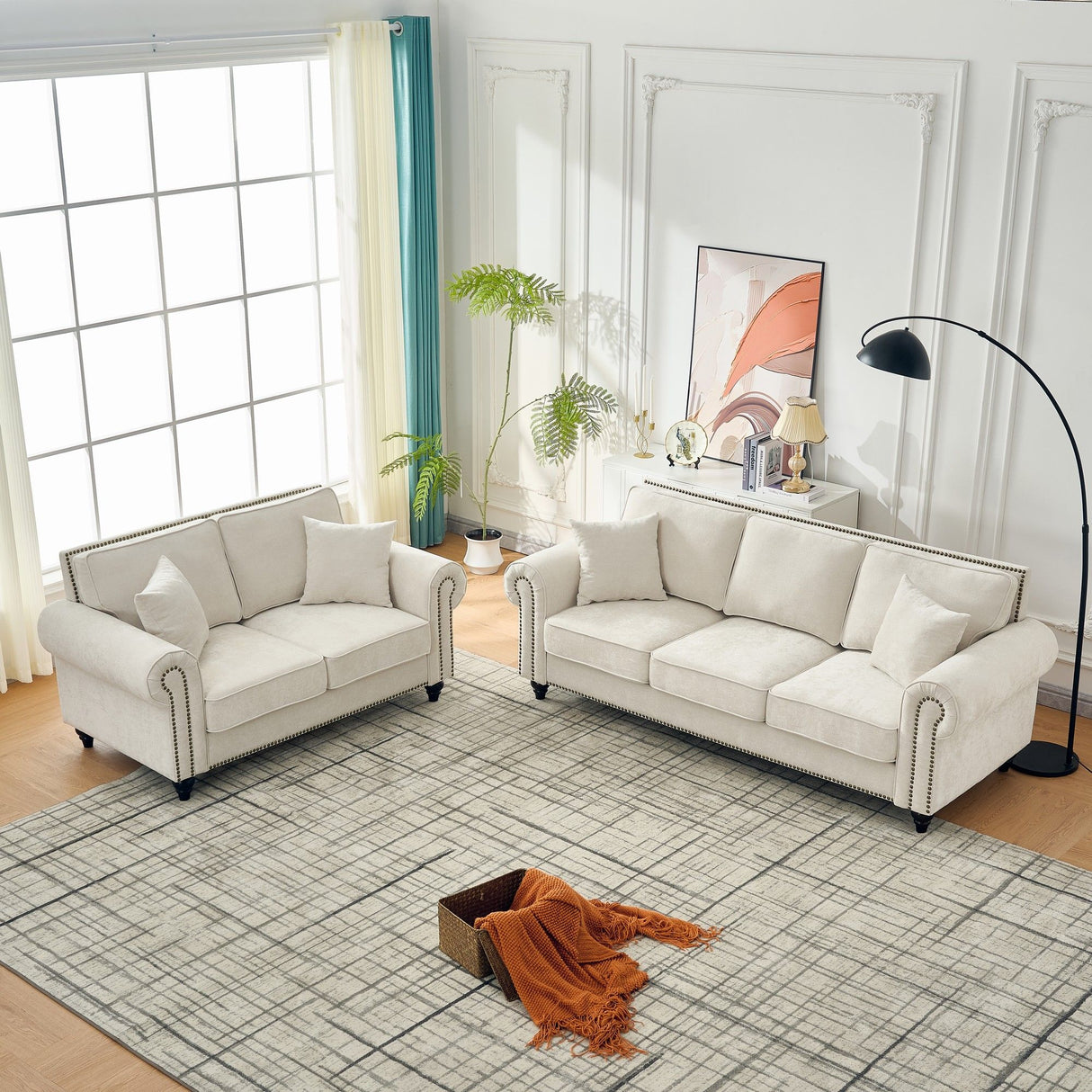 3 Seater Sofa With Tufted Upholstery, Rolled Arms, Nailhead Trim