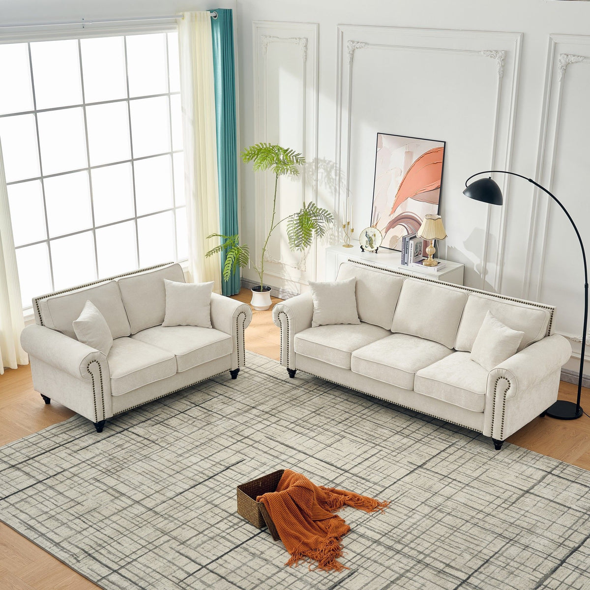 Modern 3 And 2 Seater Sofa With Rolled Arms, Tufted Upholstered Couch