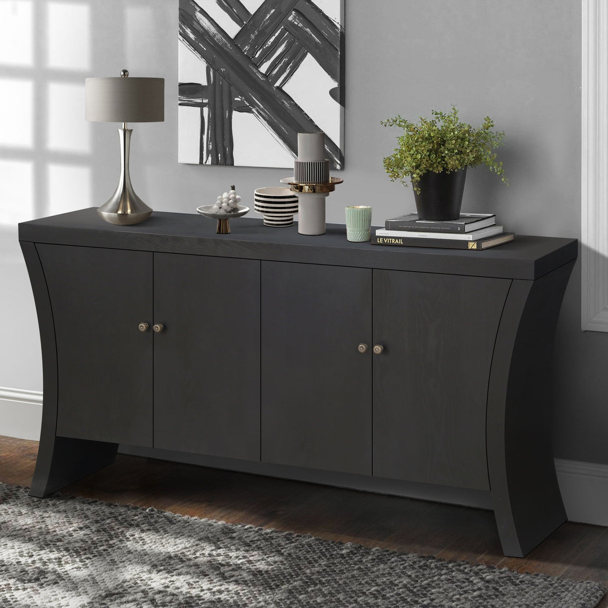 Refined Industrial 4 Door Credenza With Arc Legs & Clasps