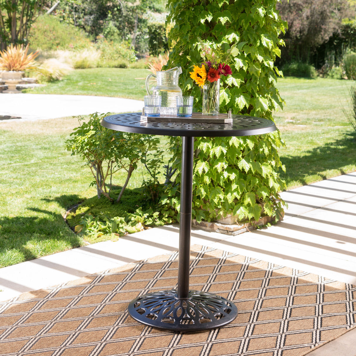 Elegant Cast Aluminum Round Bar Table With Romantic Filigree Design - Copper