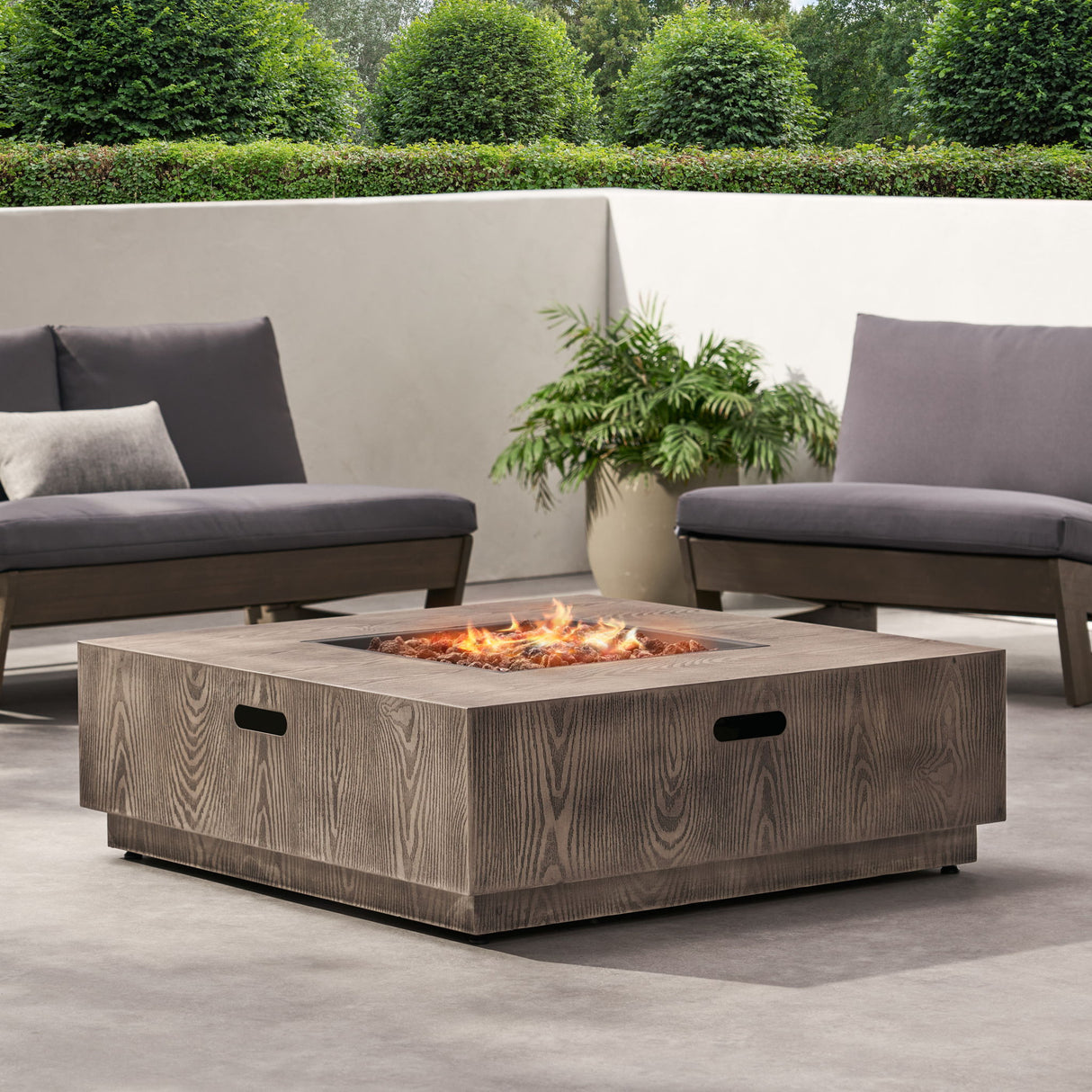 Outdoor Propane Fire Pit Table Iron Wood Pattern 50000 BTU Dark Brown