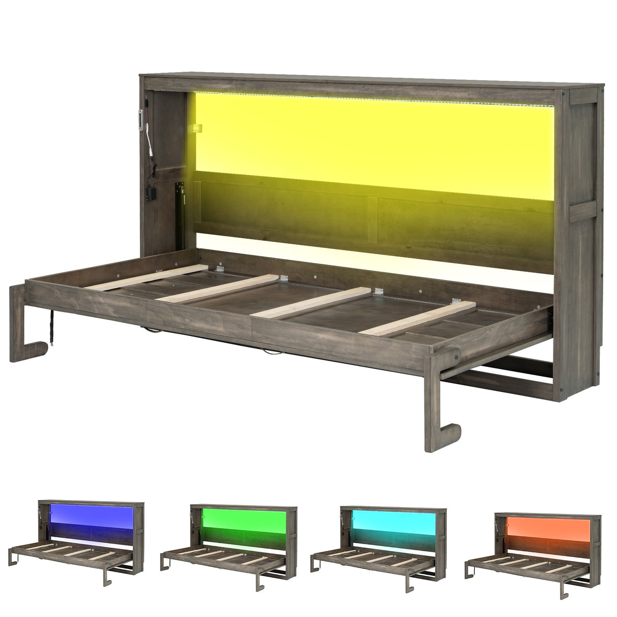 Murphy Bed With LED Light, Foldable Wall Bed Cabinet