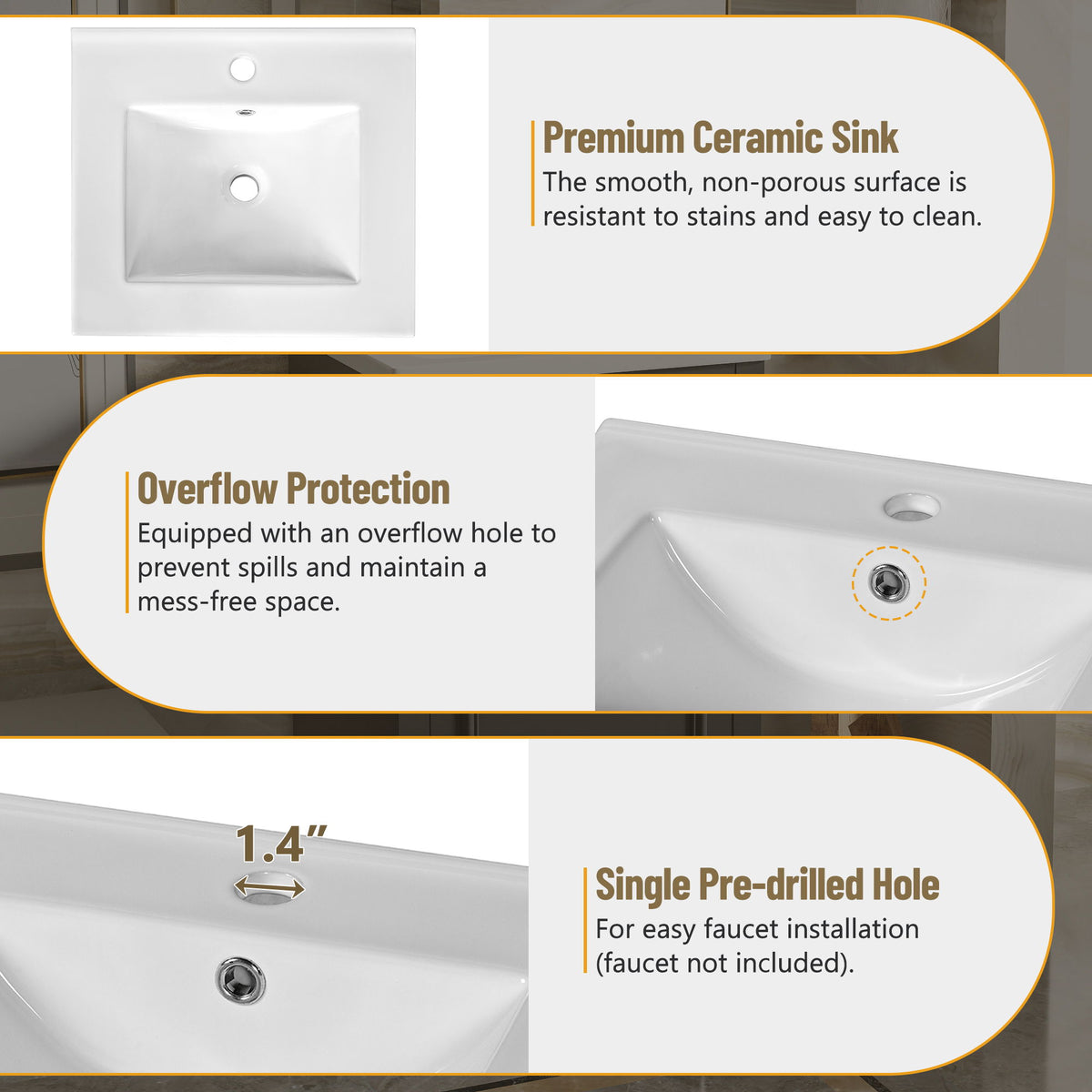 Elegant Bathroom Vanity With Ceramic Sink, Soft Close Door, Adjustable Shelf
