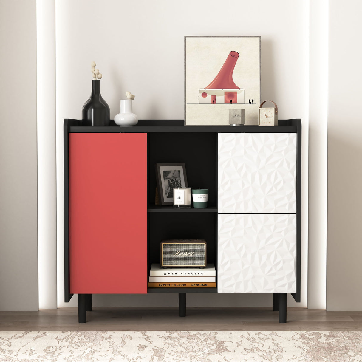 Sideboard Buffet Cabinet with Unique Panel Styling Wood Storage Drawers