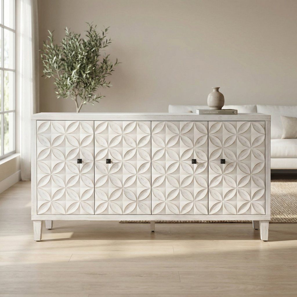Accent Cabinet Sideboard Buffet Wooden Four Door Storage Unit 60x32in White