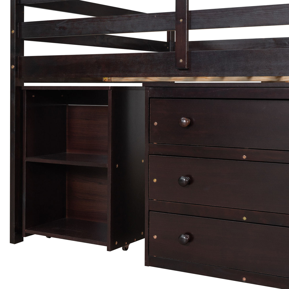 Loft Low Study Bed With Cabinet, Shelves And Rolling Portable Desk, Multiple Functions