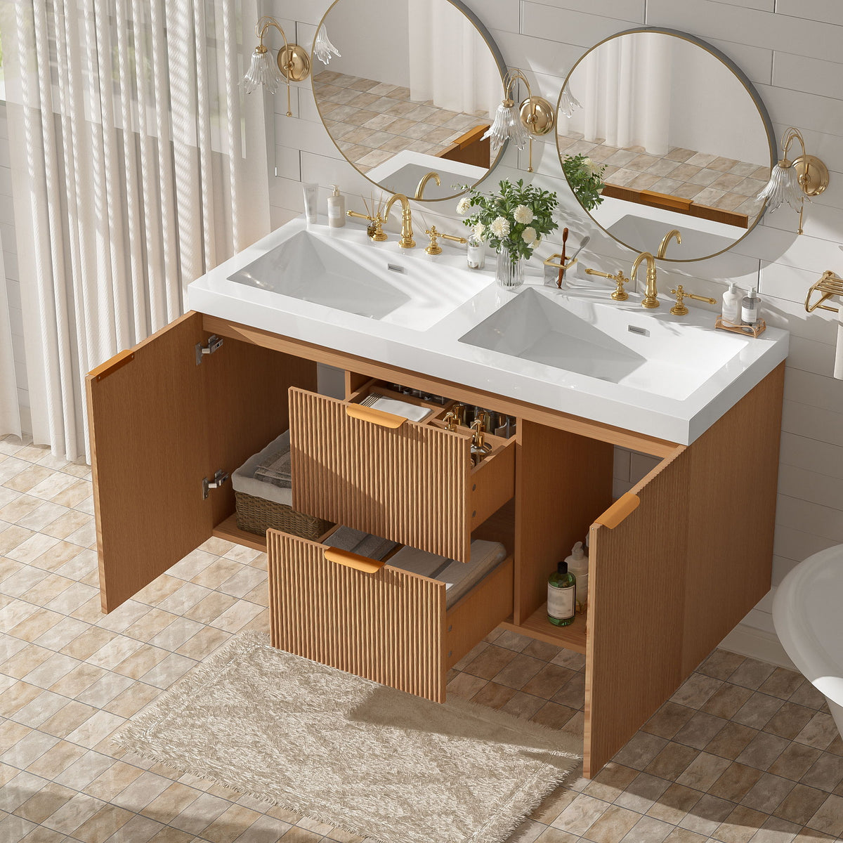 Double Sink Bathroom Vanity, Cabinet, Soft Close Doors, Divided Drawers, Wall Mounted Storage - Wood