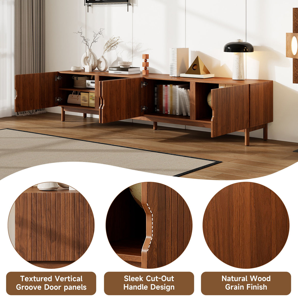 TV Stand With Legs, Media Console, 4 Cabinets For Living Room - Natural Wood