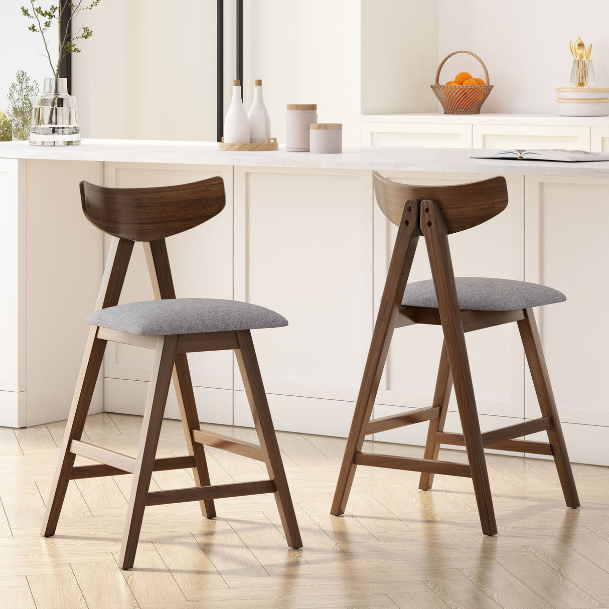 Mid Century Modern Counter Stool With V Shape Frame And Upholstered Seating
