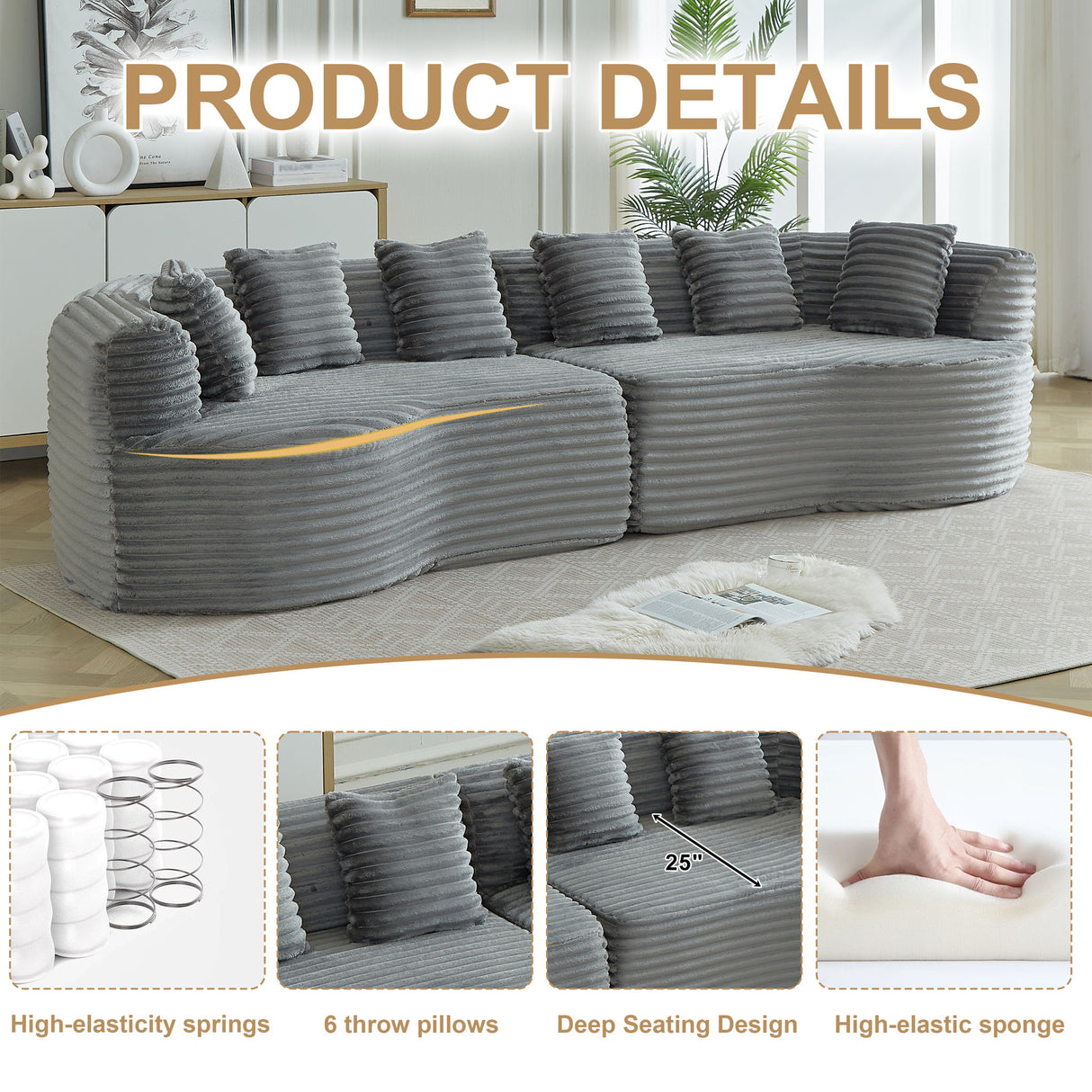 Sectional Sofa, Oversized 4 Seater With Deep Seat Design
