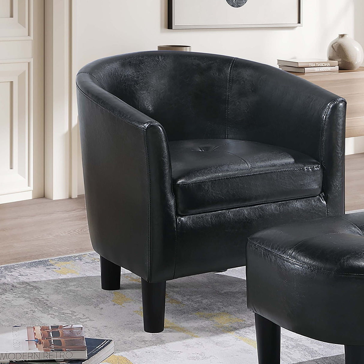 Accent Chair With Matching Ottoman Upholstered Round Backrest, Seating Set - Black