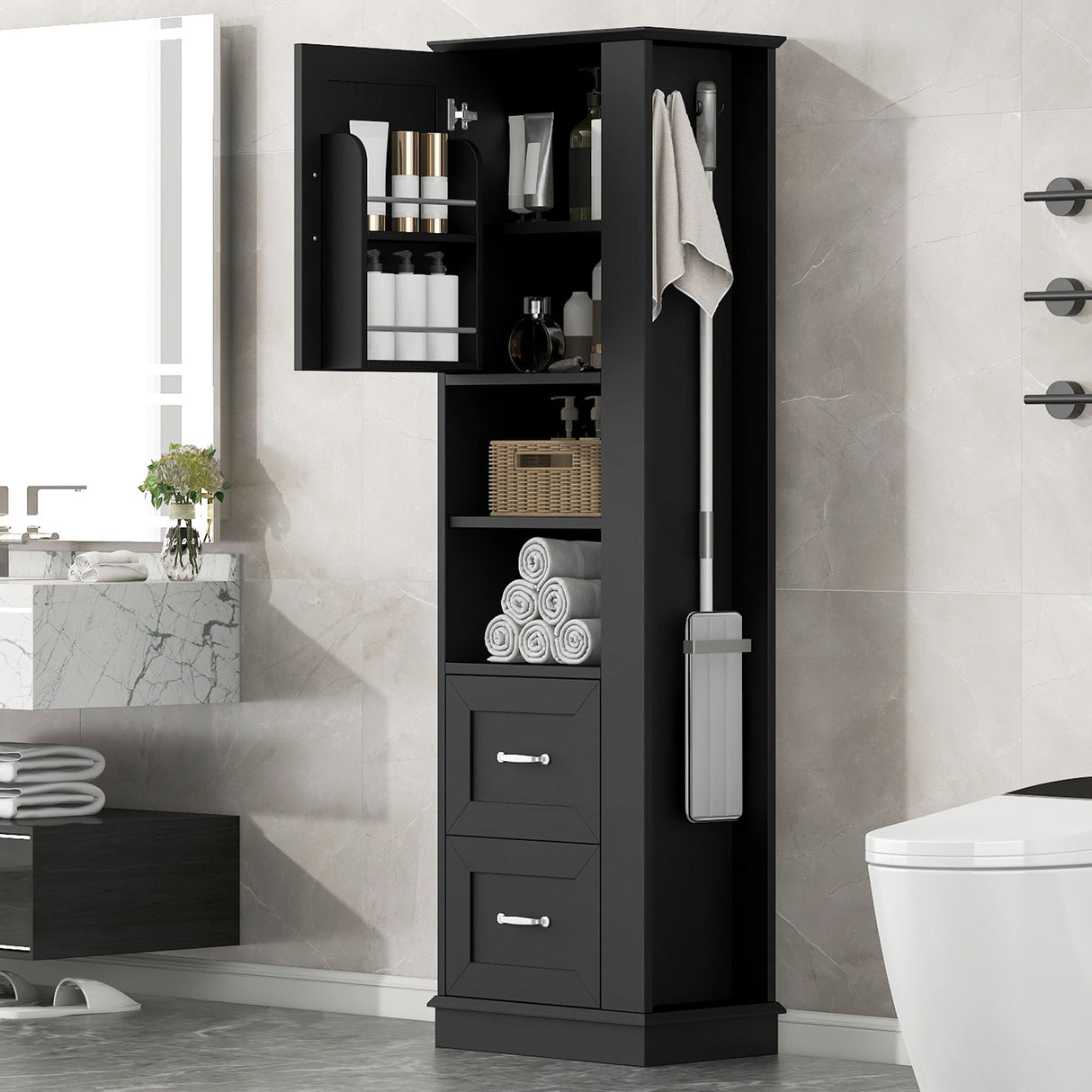 Freestanding Bathroom Storage Cabinet With Adjustable Shelves And Side Hooks Board, Rectangle Design