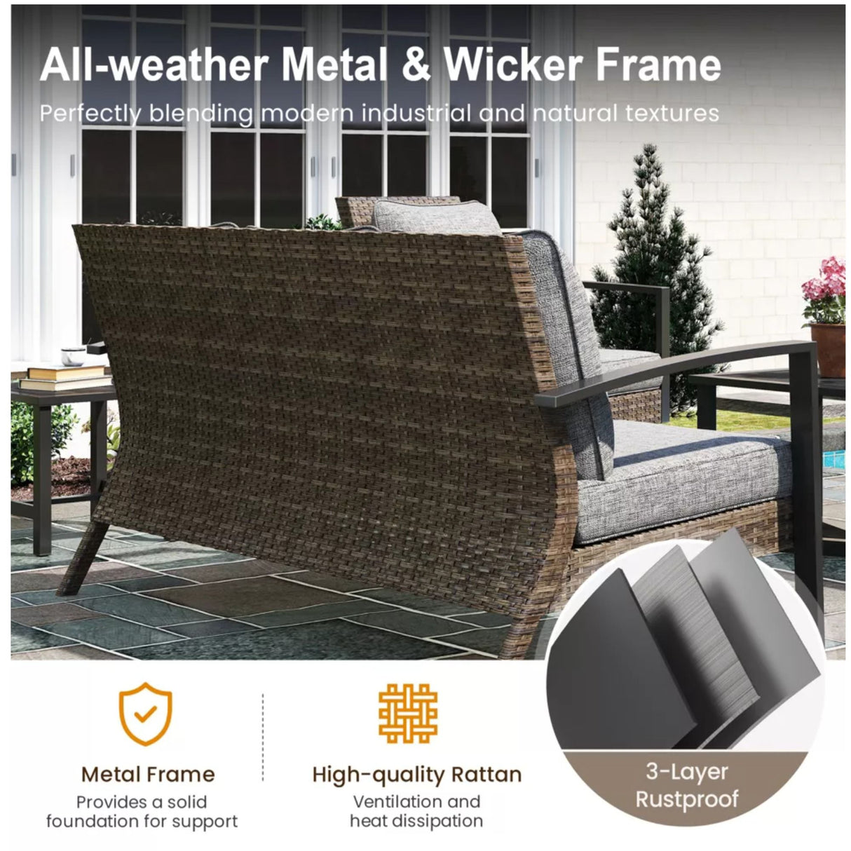 2 Piece Patio Set With Cushions & Coffee Table