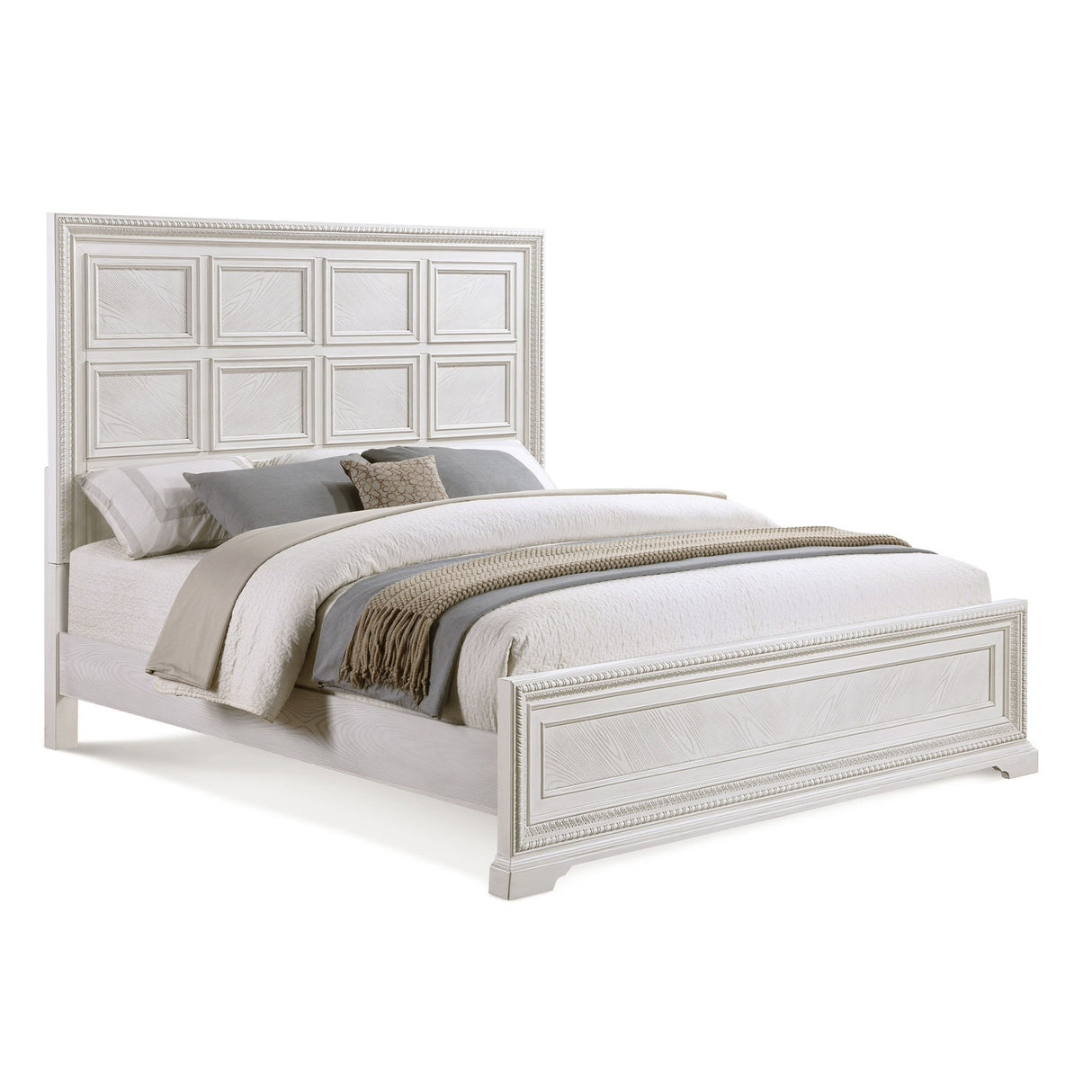 Queen Geometric Design Headboard Panel Bed Bedroom Furniture - Antique White