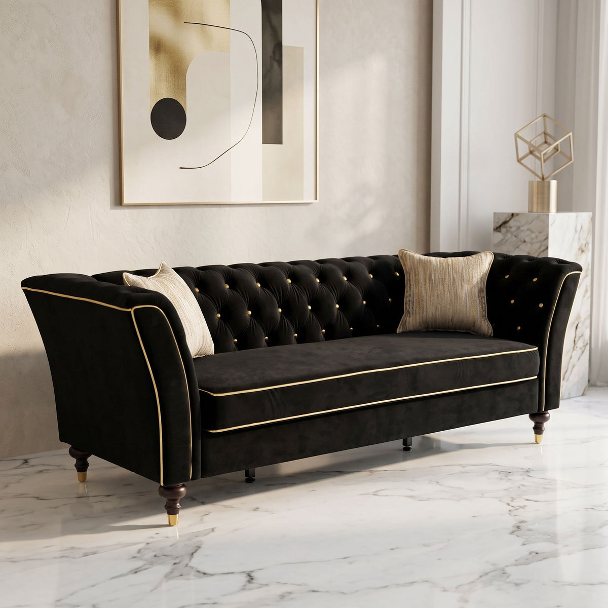 3 Person Sofa With Deep Seat, Tufted Backrest