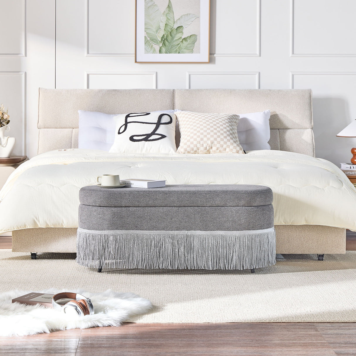 Oval Upholstered Storage Ottoman With Fringe Trim & Lift Top Lid