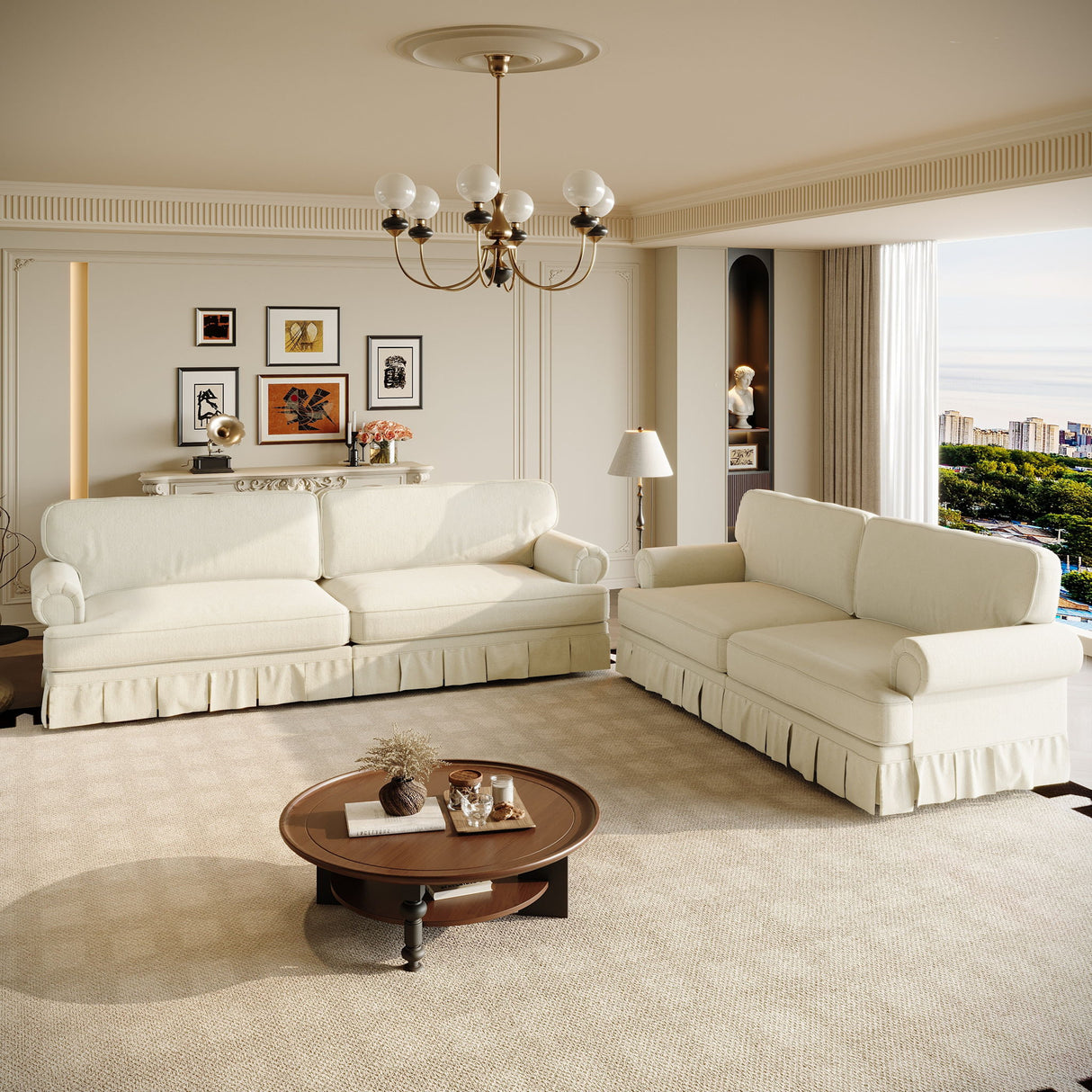 Luxuriously Comfortable Cloud Couch Sofa With Elegant Rolled Arms & Pleated Skirt Design