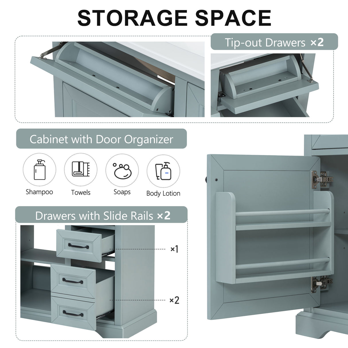Bathroom Vanity With Ceramic Sink, Freestanding Design, 2 Tip Out Drawers, Soft Close Hinges - Gray