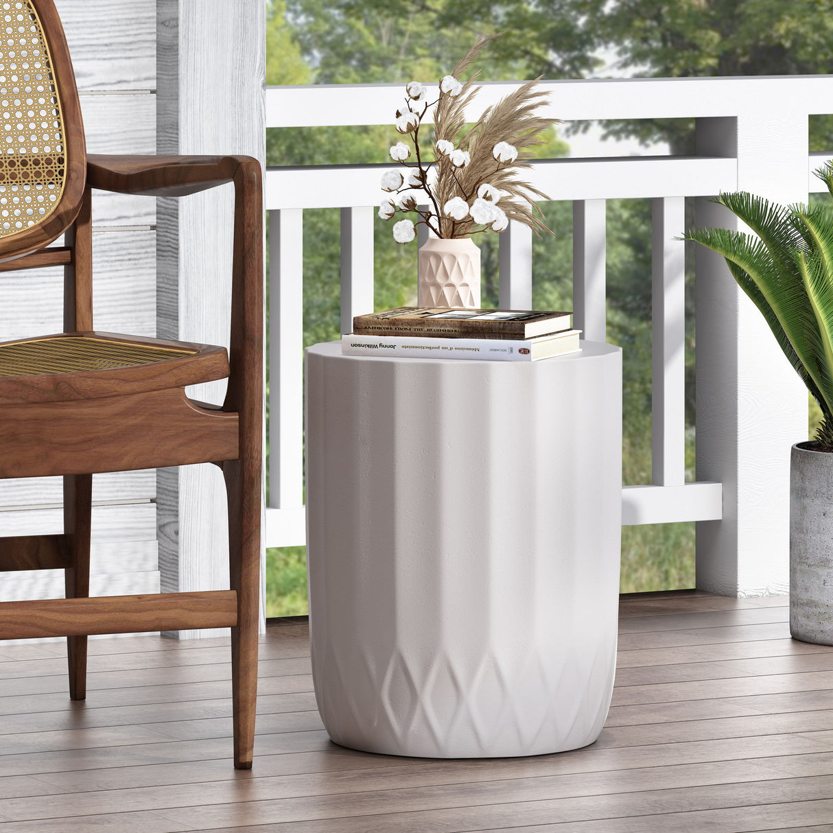 Outdoor End Table With Scallop Edge - Antique White