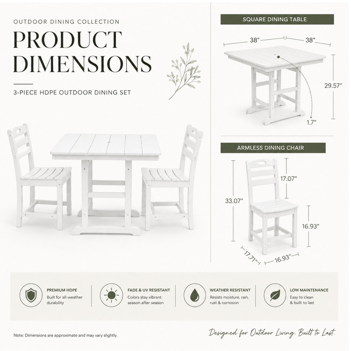 Outdoor Patio Dining Set, Square Table With Umbrella Hole And Armless Chairs