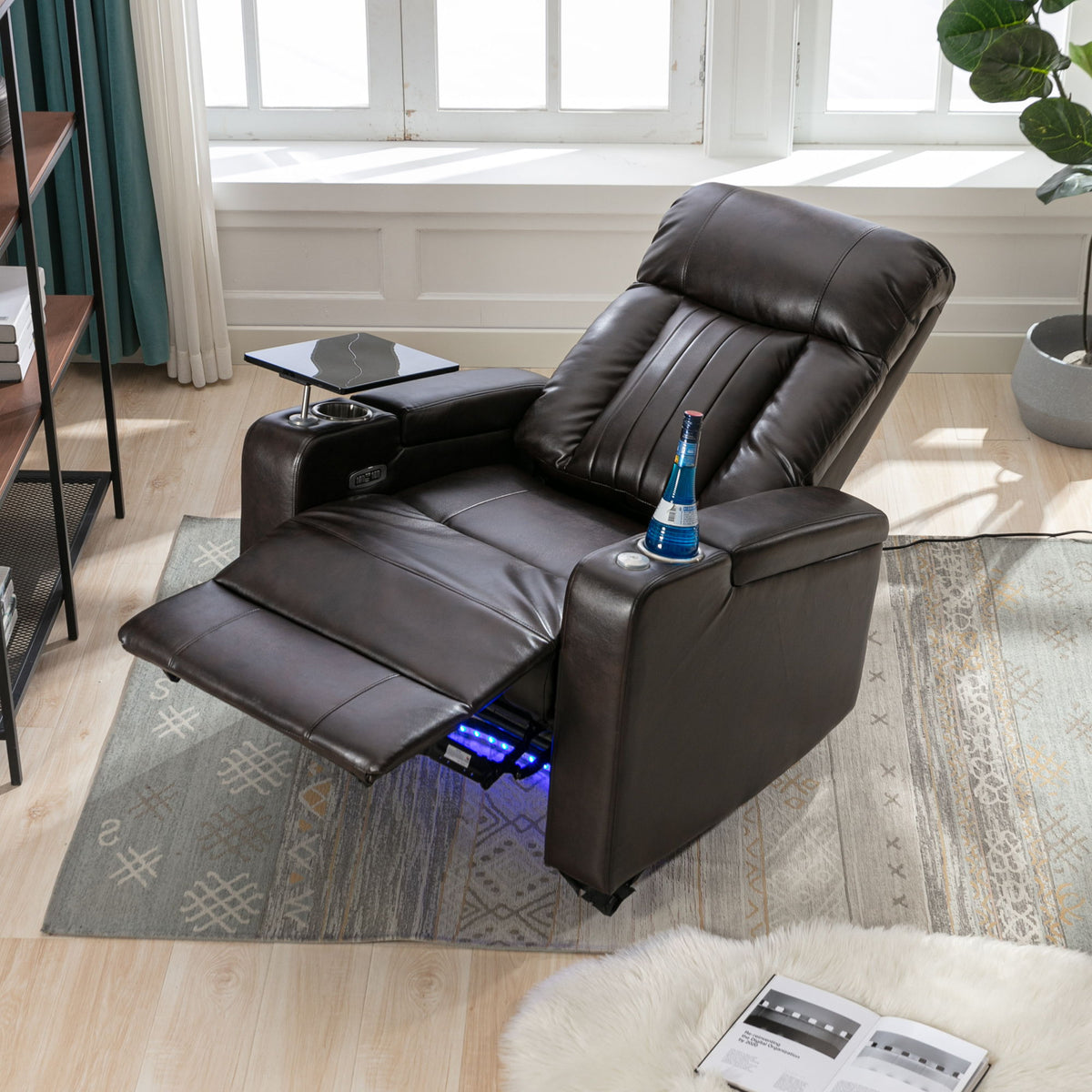 Power Recliner With Storage Arms, Cupholders, Swivel Tray Table And Cell Phone Stand - Brown