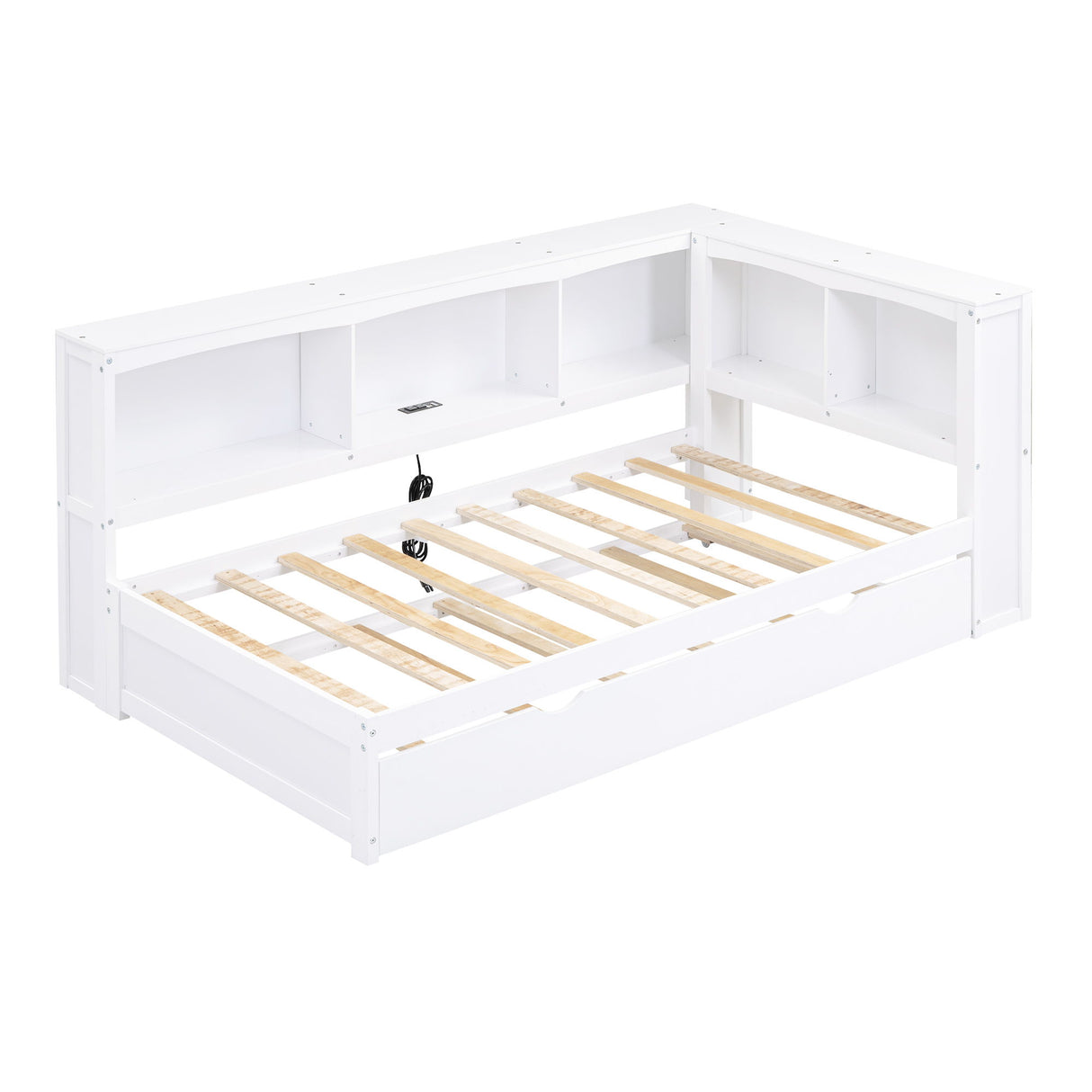 Twin Size Daybed With Trundle, Storage Cabinets, USB Ports - White