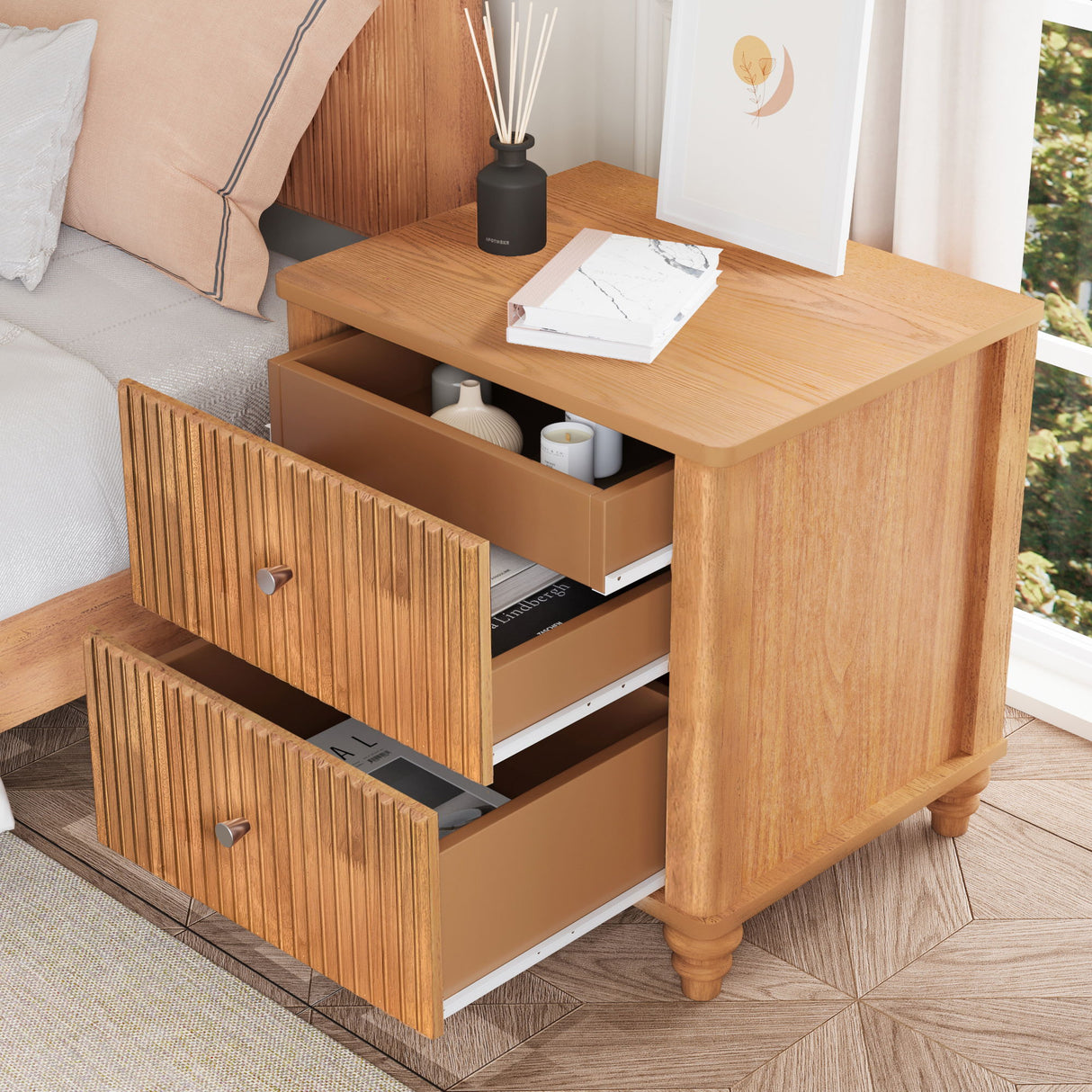 Modern Fluted Nightstand With 3 Drawers