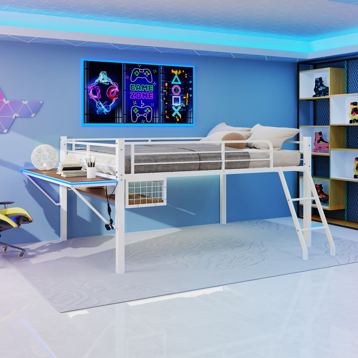 Loft Bed With Built In Desk, LED Light Strip