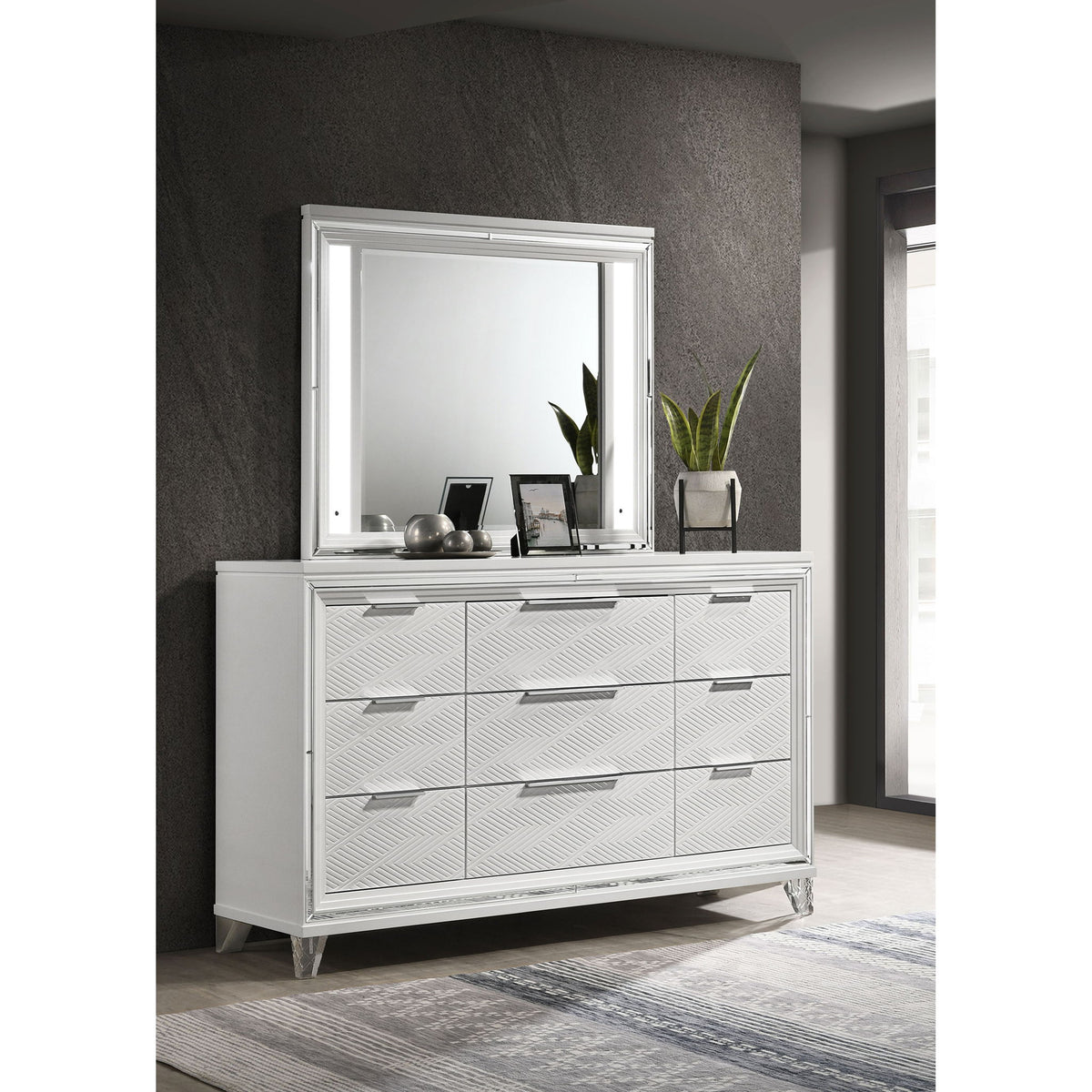 9 Drawer Dresser With LED Mirror, Touch Activated Lighting - White