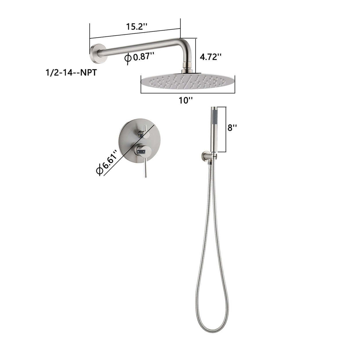 Elegant 10" Round Rain Shower Head And Handheld Set With Adjustable Tilt And Dual Modes