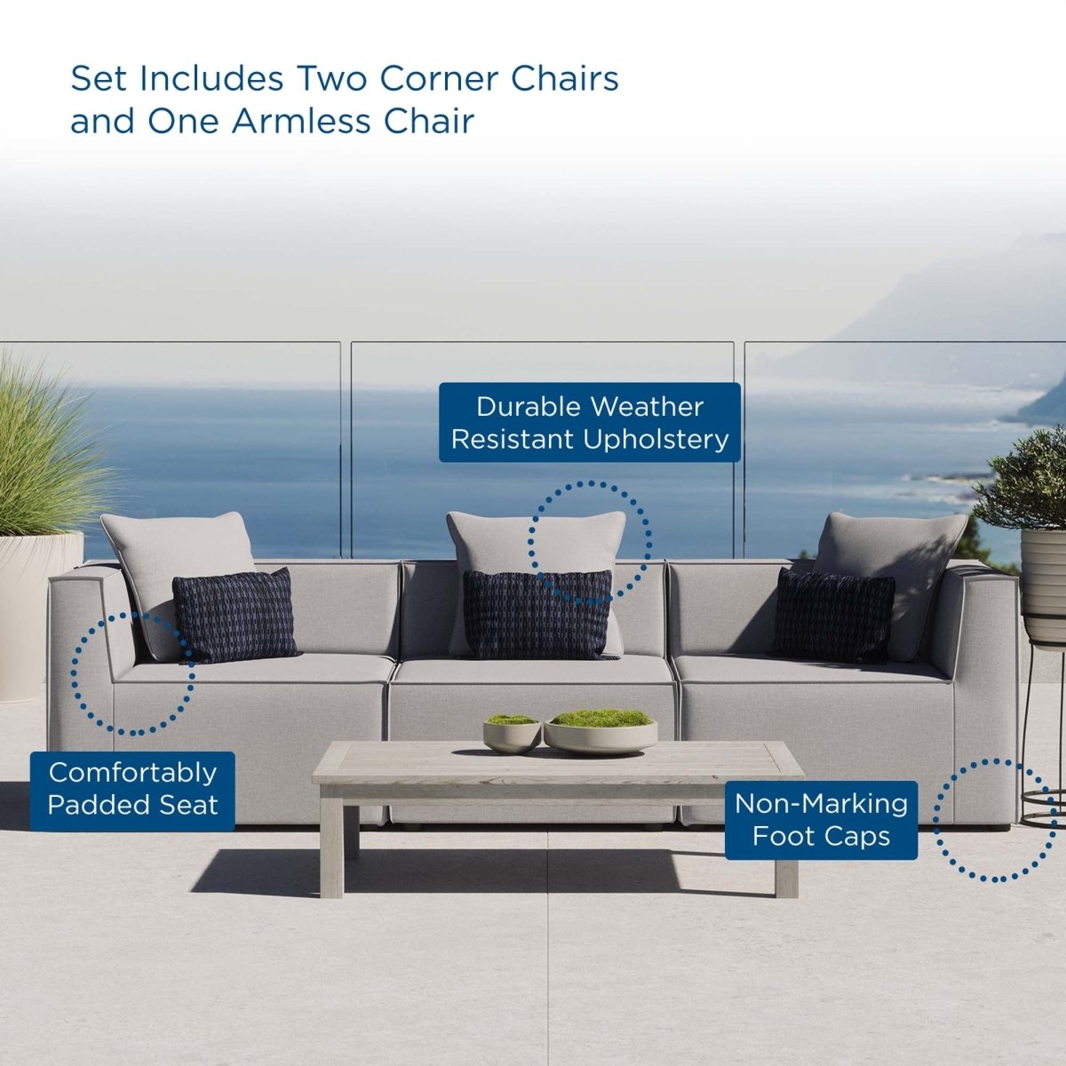 104" Gray 3-Piece Outdoor Patio Upholstered Sectional Sofa - Outdoor - Alpine Outlets