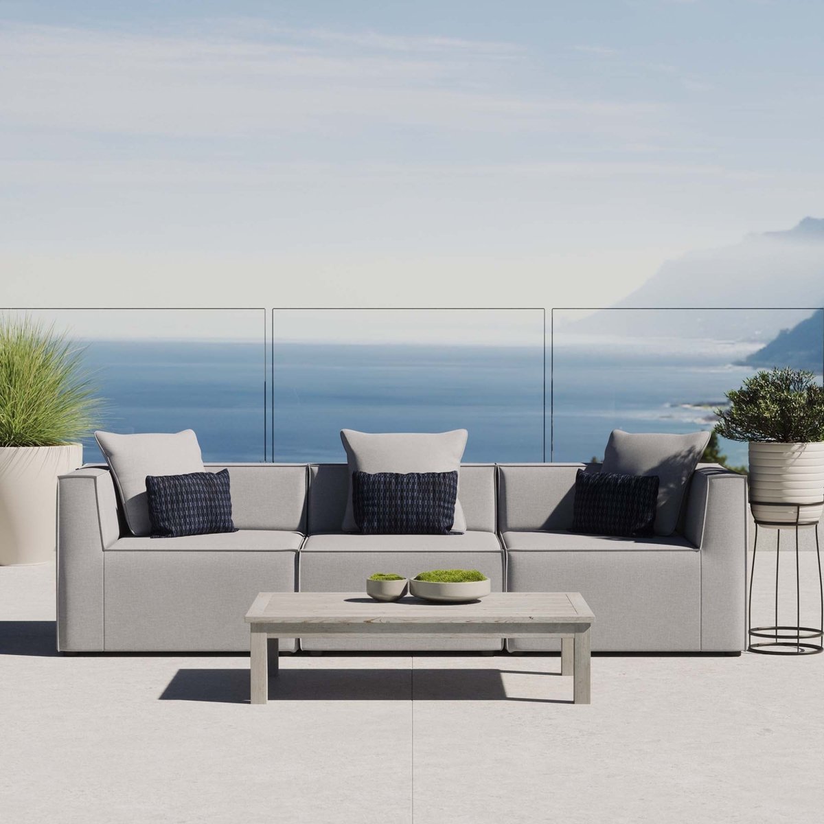 104" Gray 3-Piece Outdoor Patio Upholstered Sectional Sofa - Outdoor - Alpine Outlets