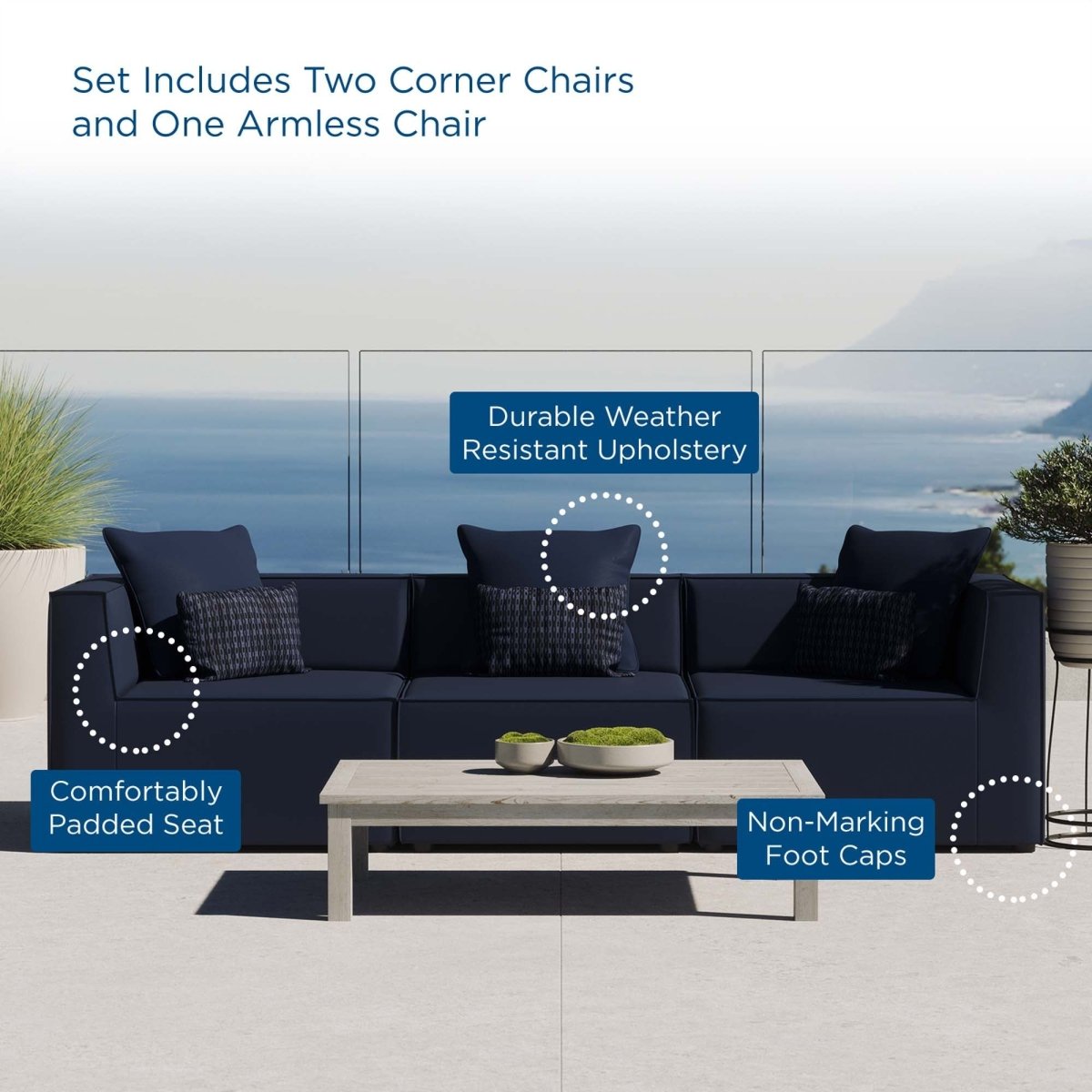 104" Navy 3-Piece Outdoor Patio Upholstered Sectional Sofa - Outdoor - Alpine Outlets