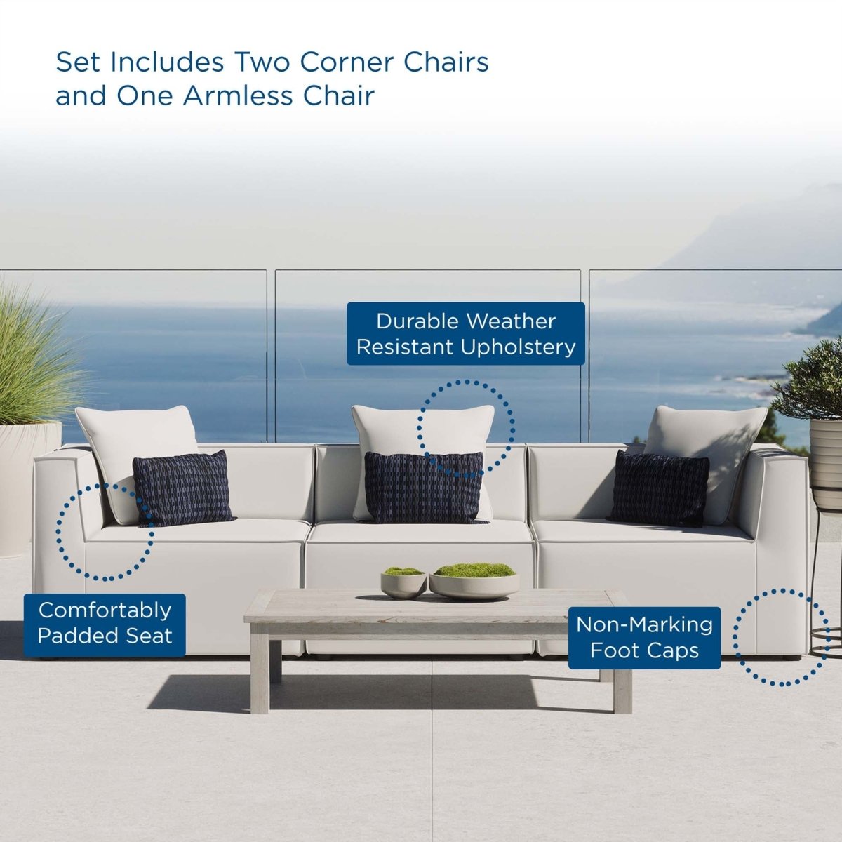 104" White 3-Piece Outdoor Patio Upholstered Sectional Sofa - Outdoor - Alpine Outlets