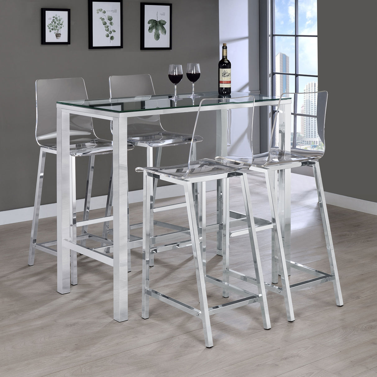 Tolbert 5-Piece Bar Set with Acrylic Chairs, Chrome