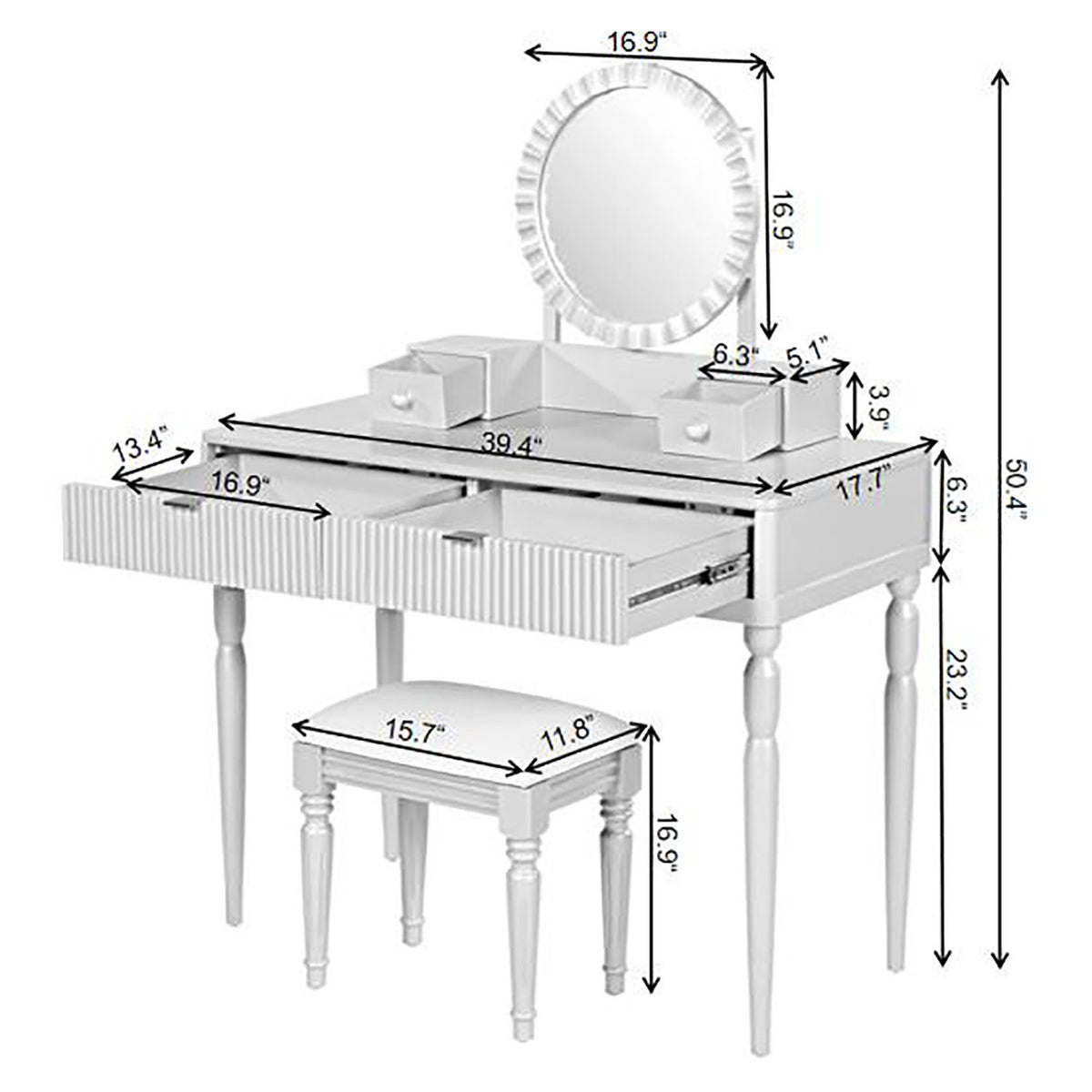Luxury Vanity Desk With Round Mirror Height Adjustable Dressing Table Set Engineered Wood - Silver