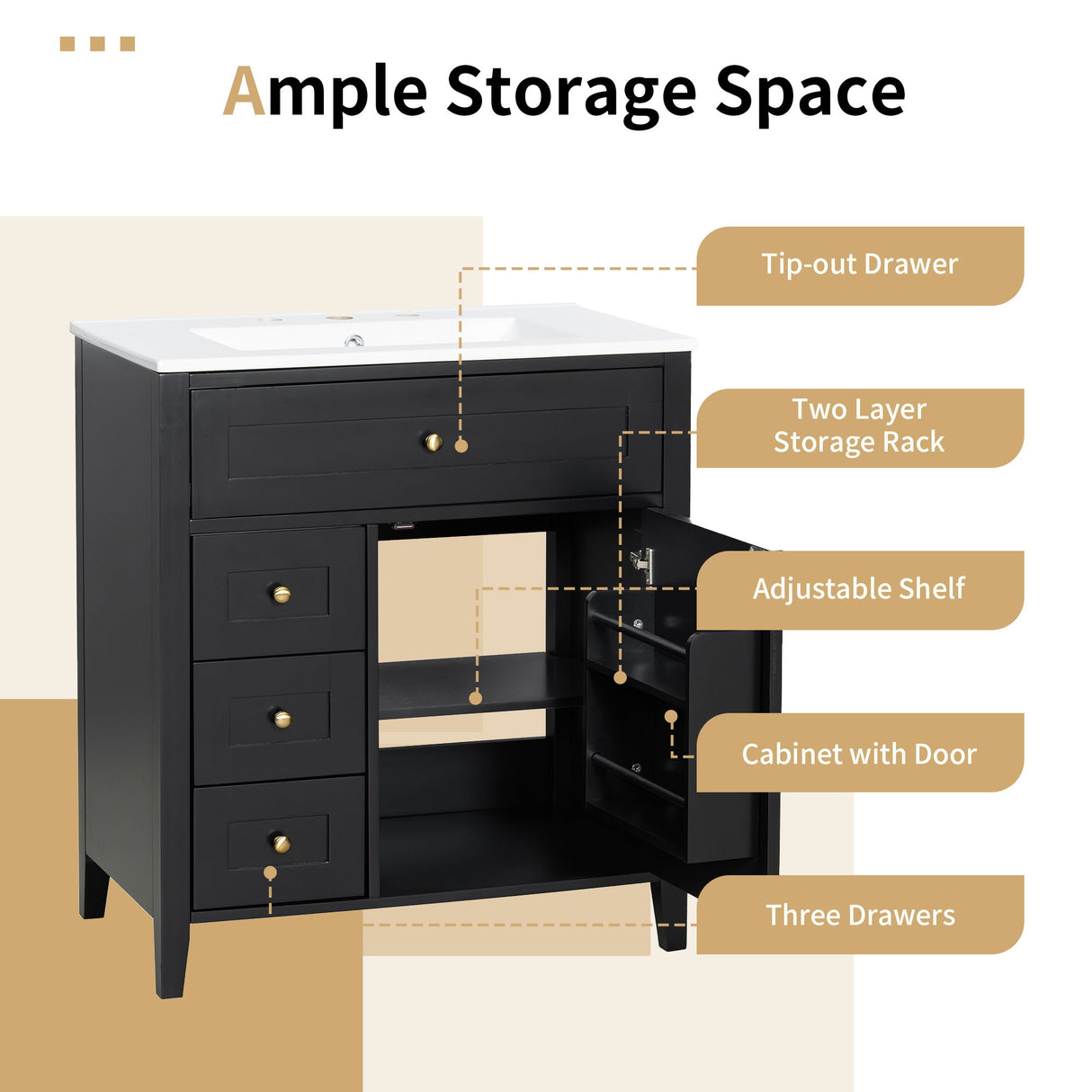 Modern Bathroom Vanity With Sink, 3 Drawers And Adjustable Shelf