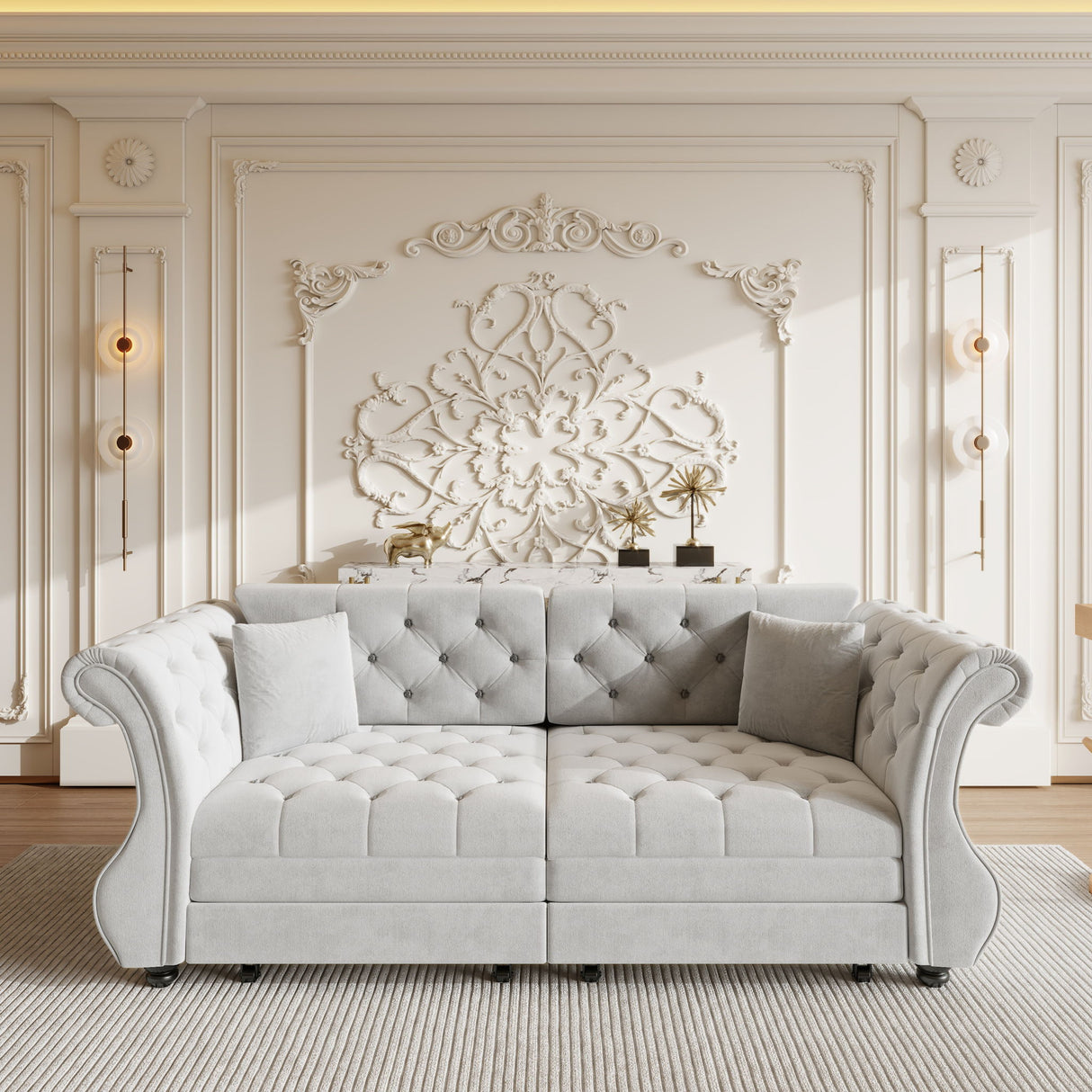 Oversized Chesterfield Pull Out Sofa Bed, Roll Arm Couch With Flower Tufting For Living Room