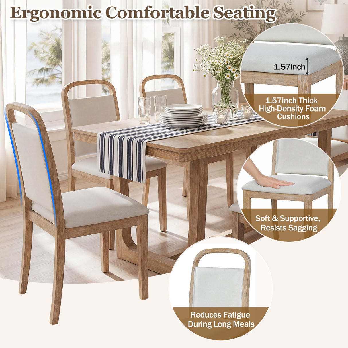 Farmhouse Dining Set With 4 Upholstered Chairs & 1 Bench