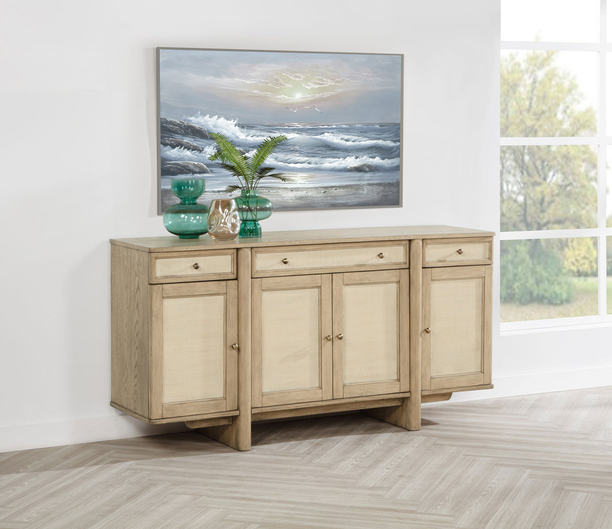 Kailani 4-Door Cane Sideboard Buffet Cabinet in Beige Oak