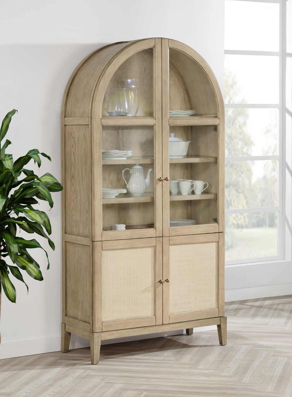 Kailani 4-Door Cane Dining Vitrine Cabinet - Beige Oak