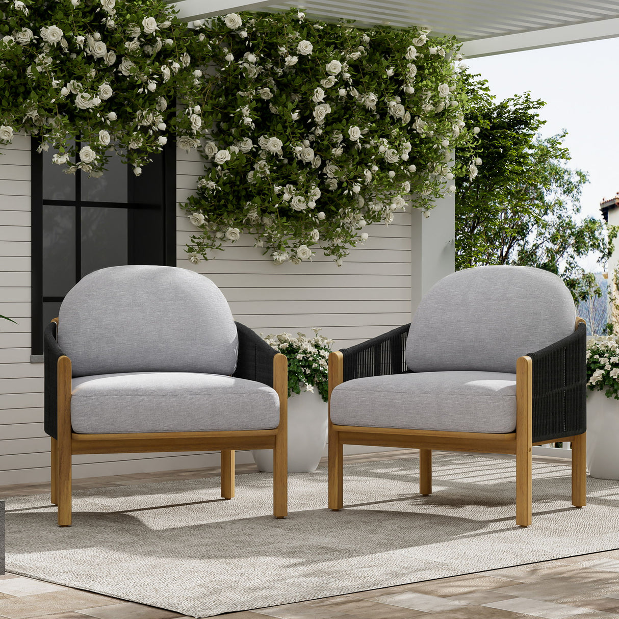 Grotta - Outdoor Wood Club Chair (Set of 2) With Rope And Cushion Frame - Gray / Teak
