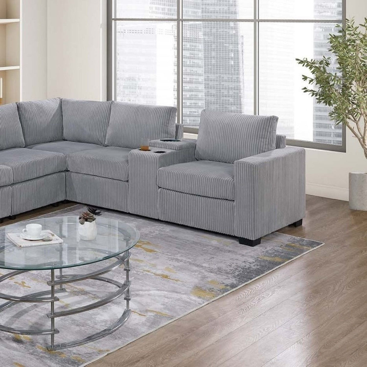 Modern Style L-Shape Sectional Set, USB Ports, Cup Holder