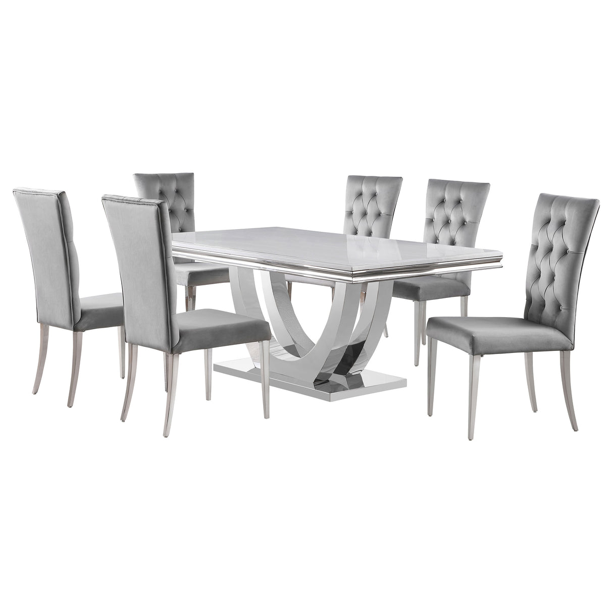 Kerwin 7-Piece Dining Set - Grey Velvet & Chrome